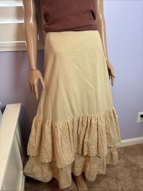 Vintage Hunt Club Camel Prairie Peasant Maxi Skirt Tiered Eyelet Ruffles